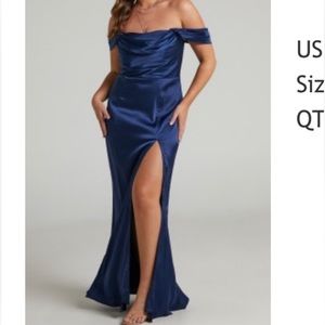 Showpo Navy blue satin dress wedding guest evening gown